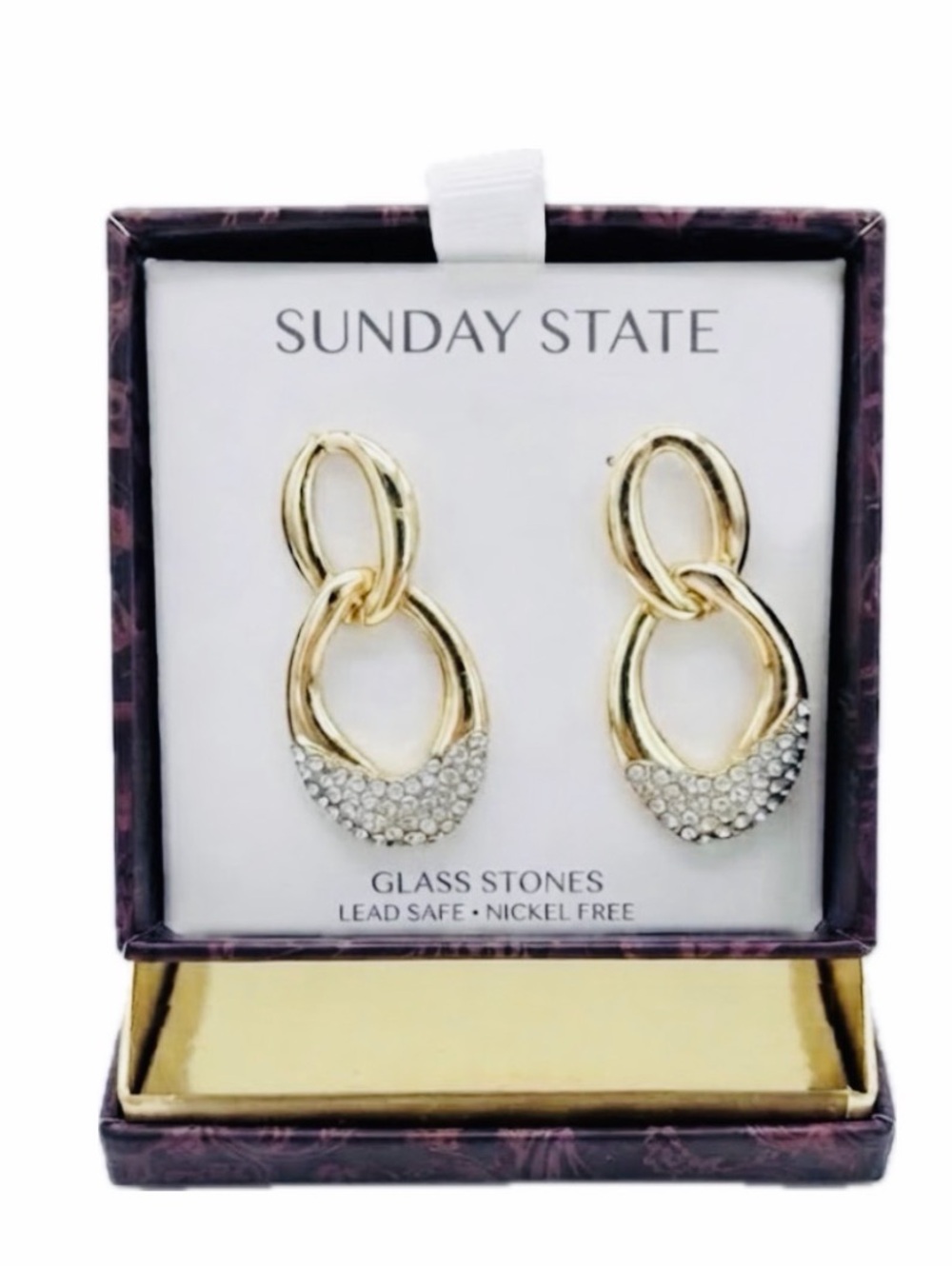 NWT ⚜️💎⚜️ Sunday State Golden Tone Crystal Interlock Earrings